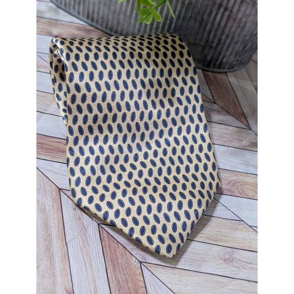 Savile Row Mens 100% Silk Necktie Made In USA Designer Geometric Dot Yellow Blue - Picture 2 of 6